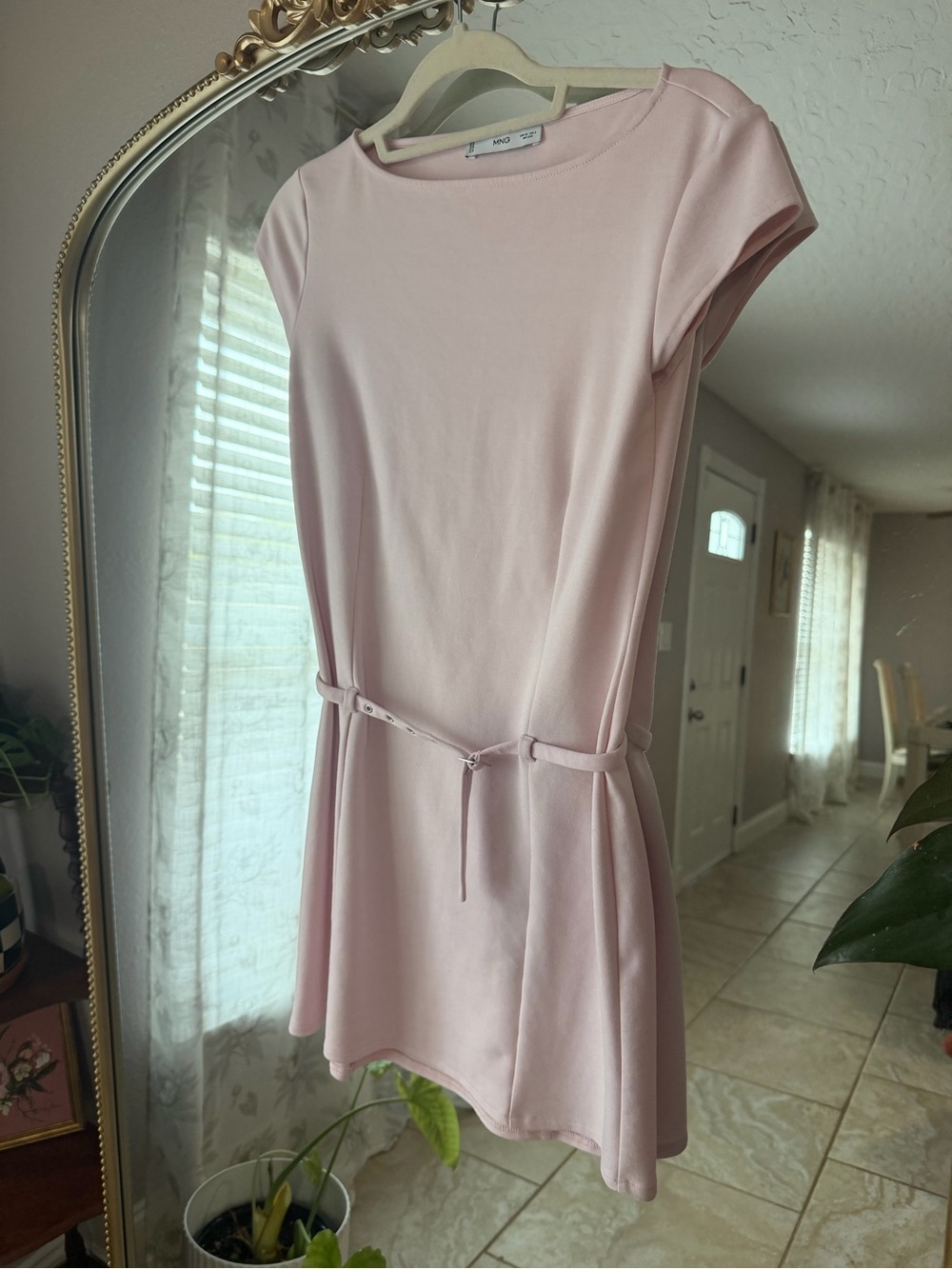 Mango Light Pink Cap-Sleeve Mini Dress with Slim Tie Belt